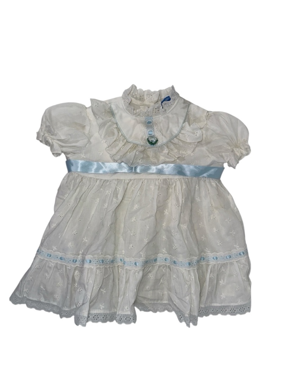 Vintage Naddad Brothers Baby Dress White Lace Blue Ribbon Ruffle Size 3